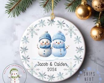 Brothers Snowman Christmas Ornament | Cousins Boys Holiday Ornament | Personalized Ceramic Ornament Gift