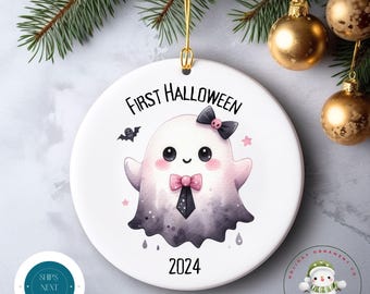 First Halloween Coquette Ghost Ornament | New Baby Gift Halloween Glass or Ceramic Holiday Ornament | Holiday Gift