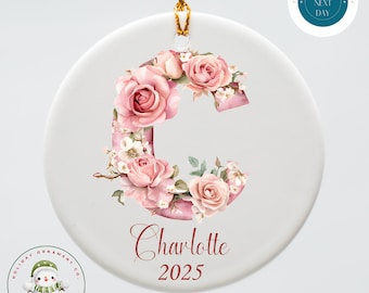 Pink Roses Initial Christmas Ornament: Custom Ceramic Holiday Gift