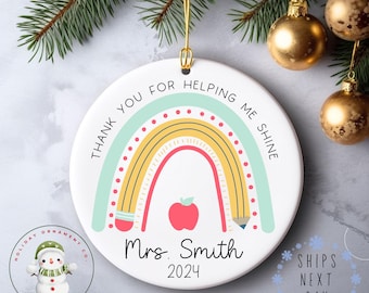 Thank You Teacher Name Christmas Ornament | Gift for Teacher Holiday Ornament | Personalized Teacher Gift | Elementary School Gift
