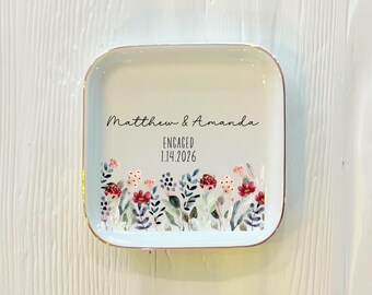 Personalized Wildflower Couples Engaged Square Ring Trinket Dish | Keepsake Gift