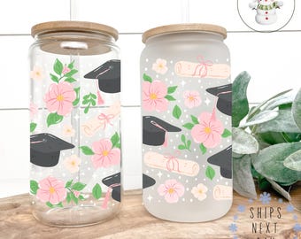 Girls Flower Graduation Glass Tumbler Cup | Graduate Libbey Iced Coffee Cup | 16 oz/20 oz | Graduation Gift | Graduation Party Favors