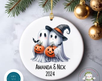 Personalized Couple Ghosts Halloween Ornament | Cute Couples Halloween Glass or Ceramic Holiday Ornament | Spooky Holiday Gift