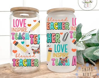 Love Inspire Teach Glass Tumbler | Teacher Iced Coffee Cup | 16 oz/20 oz | Teacher Appreciation | End of Year Present