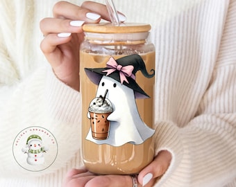 Coquette Ghost Coffee Glass Tumbler Cup | Halloween Iced Coffee Cup | 16 oz/20 oz | Cute Girly Fall Cup | Gifts for Her