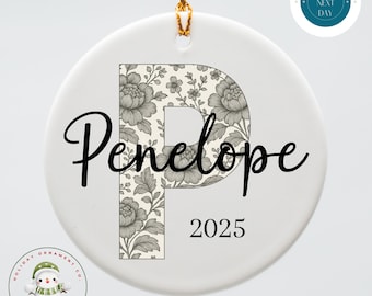 Black Toile Initial Name Christmas Ornament | Girls Holiday Ornament | Custom Ceramic Ornament Gift