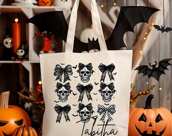 Coquette Skulls and Bows Personalized  Halloween Trick or Treat Bag | Candy Halloween Tote | Custom Kids Halloween Bag