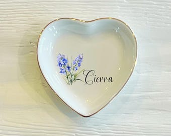 Heart Personalized Birth Flower Ring Trinket Dish | Watercolor Flower Ring Dish | Birthday Jewelry Dish | Wedding Bridesmaid Gift