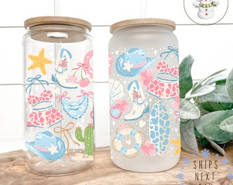Pastel Cowgirl Summer Glass Libbey Cup | Cowgirl Beach Iced Coffee Cup | 16 oz/20 oz | Party Favors | Gift for Her | Pretty Girly Cup
