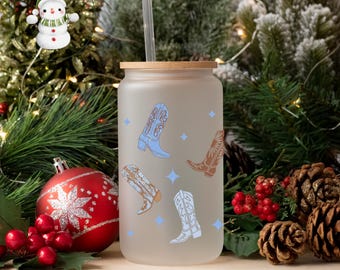 Coquette Blue Boots Cowgirl Glass Tumbler | Custom Boots Cowgirl Hat Girly Iced Coffee Cup | 20 oz | Bookclub | Book Lovers