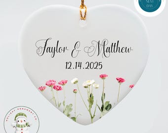 Personalized Carnation Couples Heart Ornament: Custom Ceramic Couples Gift