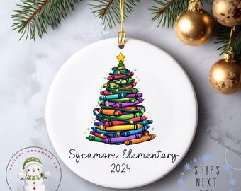 Crayon Tree Teacher Gift Christmas Ornament | Keepsake Teacher Holiday Ornament | Personalized Teacher Gift | Elementary School Gift