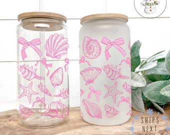 Pink Seashells Glass Tumbler Cup | Cute Beach Theme Iced Coffee Cup | 16 oz/20 oz | Summer Ice Coffee Libbey Cup Lid Straw