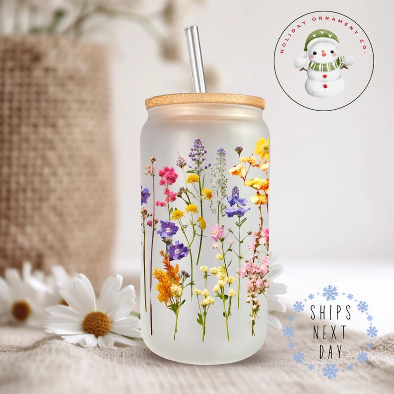 Wildflower Glass Tumbler Cup: Libbey Iced Coffee Cup with Bamboo Lid image 2