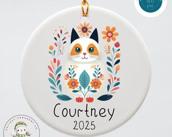 Personalized Scandinavian Cat Christmas Ornament | Boho Holiday Ornament