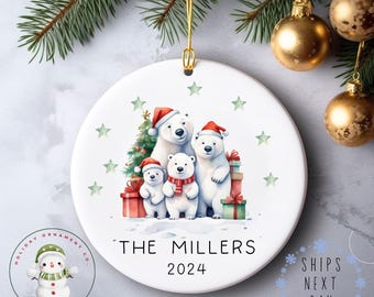 Family of Four Personalized Name Christmas Ornament | Polar Bear Family Glass or Ceramic Holiday Ornament | Keepsake Gift | Multiple Options