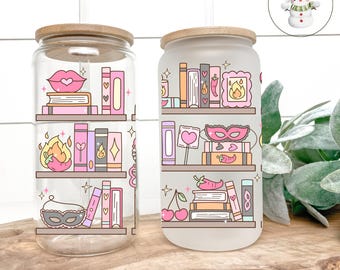 Fantasy Bookshelf Glass Tumbler | Smut Lover Iced Coffee Cup | 20 oz | Spicy Books | Gift for Smut Lover