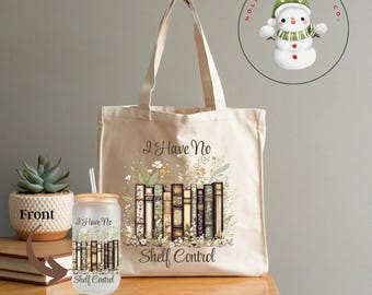 No Shelf Control Tote Bag and Personalized Glass Cup, Bookish Gift for Book Lover, Choose Large Tote Gift Bag and Ice Coffee Cup Lid/Straw