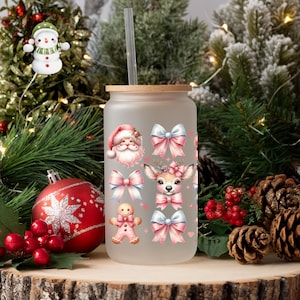 Pink Santa Reindeer Gingerbread Christmas Glass Tumbler Cup | Frosted Holiday Iced Coffee Cup | 16 oz/20 oz | Cute Xmas Cup | Book Club Gift