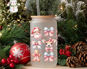 Pink Santa Reindeer Gingerbread Christmas Glass Tumbler Cup | Frosted Holiday Iced Coffee Cup | 16 oz/20 oz | Cute Xmas Cup | Book Club Gift