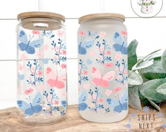 Pink and Blue Butterflies Glass Coffee Cup | Butterfly Iced Libbey Cup | 16 oz/20 oz | Party Favors | Book Club Matching Cups