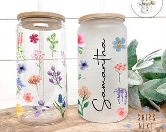Personalized Watercolor Flowers Glass Tumbler with Bamboo Lid & Straw (16/20 oz)
