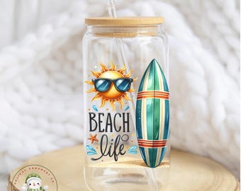 Beach Life Coffee Glass Tumbler Cup | Fun Summer Iced Coffee Cup | 16 oz/20 oz | Beach Theme Cup Lid Straw