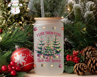 I Like them Real Thick and Springy Christmas Glass Tumbler Cup | Funny Holiday Iced Coffee Cup | 16 oz/20 oz |  Xmas Cup | Book Club Gift