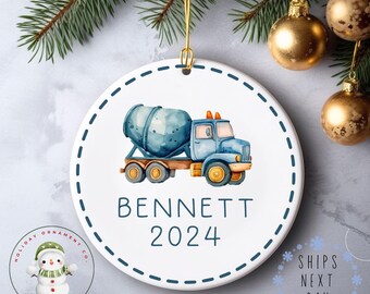 Cement Truck Personalized Name Christmas Ornament | Construction Boys Ceramic Holiday Ornament | Keepsake Gift Baby