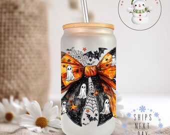 Spider Web Bow Coquette Glass Tumbler Cup | Halloween Iced Coffee Cup | 16 oz/20 oz | Cute Halloween Lover Cup | Gifts for Her