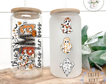 This Mama Loves Her Boos Glass Tumbler Cup | Mom Kids Halloween Iced Coffee Cup | 16 oz/20 oz | Cute Halloween Lover Cup | Mama Mini Cup