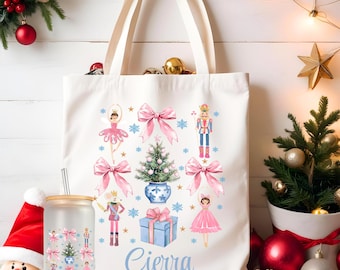 Pink Nutcracker Tote Bag and Frosted 16 oz Libbey Glass Cup, Personalized Large Tote Gift Bag, Ice Coffee Cup with Lid and Straw