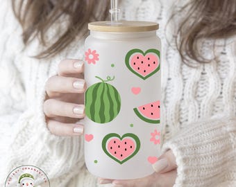 Watermelon Summer Hearts Glass Iced Coffee Cup | Ducks and Strawberries Libbey Cup | 16 oz/20 oz | Party Favors | Gift for Her