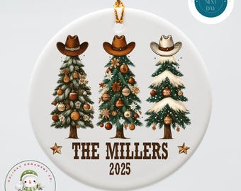 Cowboy Trees Family Name Christmas Ornament: Custom Ceramic Keepsake