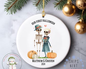 Personalized Couple Skeleton Halloween Ornament | Cute First Halloween Glass or Ceramic Holiday Ornament | Spooky Holiday Gift