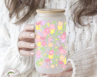 Pastel Bows and Flowers Glass Coffee Cup | Spring Flowers Iced Libbey Cup | 16 oz/20 oz | Party Favors | Book Club Matching Cups