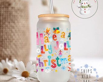 Holly Jolly Christmas Glass Tumbler Cup | Bright Fun Pretty Holiday Iced Coffee Cup | 16 oz/20 oz | Cute Xmas Cup | Book Club Gift