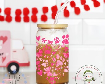 Valentine Dog Pink Paw Print Heart Libbey Glass Tumbler | Dog Mom Valentine Gift Iced Coffee Cup | 16 oz or 20 oz | Book Club Cup