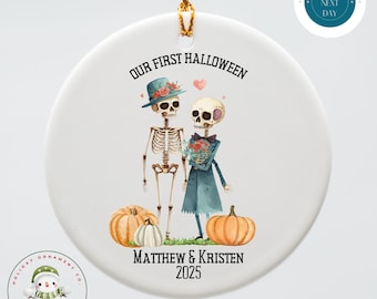 Personalized Couple Skeleton Halloween Ornament | Cute First Halloween Glass or Ceramic Holiday Ornament | Spooky Holiday Gift