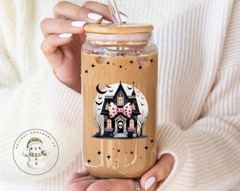 Black and Pink Haunted House Coquette Glass Tumbler Cup | Halloween Iced Coffee Cup | 16 oz/20 oz | Cute Halloween Lover Cup | Gifts for Her