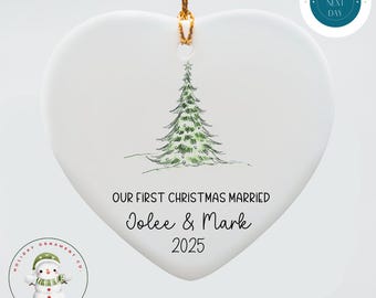 First Christmas Married Ornament: Watercolor Tree Ceramic Keepsake