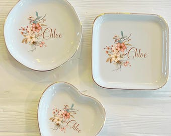 Personalized Boho Flower Ring Trinket Dish | Watercolor Name Flower Ring Dish | Birthday Jewelry Dish | Bridesmaid Gift | Gift for Her