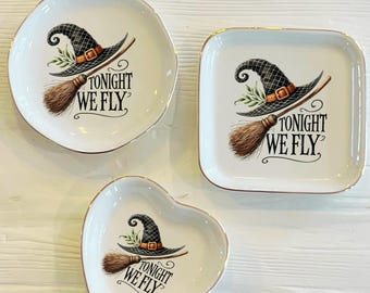 Tonight We Fly Halloween Ring Dish | Witch Broom Hat Custom Ceramic Trinket Ring Dish | Jewelry Dish | Gift For Her