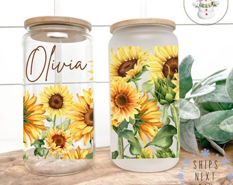Personalized Sunflower Glass Tumbler with Bamboo Lid & Straw (16/20 oz)