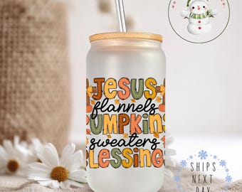 Jesus Pumpkins Blessings Glass Tumbler Cup | Christian Halloween Libbey Iced Coffee Cup | 16 oz/20 oz | Gifts for Her
