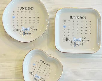 Personalized Blue Bow Wedding Calendar Ring Dish | Custom Ceramic Wedding Date Ring Dish | Bridal Gift | Wedding Engagement Gift