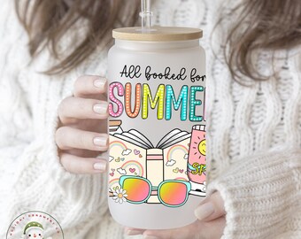 All Booked For Summer Libbey Glass Tumbler Cup | Bookish Summer Iced Coffee Cup | 16 oz/20 oz | Cute Bookclub Cup | Gifts for Her