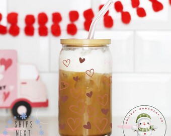 Cascading Hearts Valentine Libbey Glass Tumbler | Girlfriend Wife Gift Girly Iced Coffee Cup | 16 oz or 20 oz | Book Club Cup | Party Favors