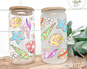 Pastel Sea Shells Glass Libbey Cup | Pretty Summer Tumbler Iced Coffee Cup | 16 oz/20 oz | Beach Cup | Glass Cup Lid Straw