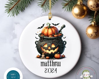 Personalized Cauldron Halloween Ornament | Custom Name Halloween Glass or Ceramic Holiday Ornament | Holiday Gift